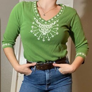 Green Embroidered Tunic with Three Quarter Sleeves